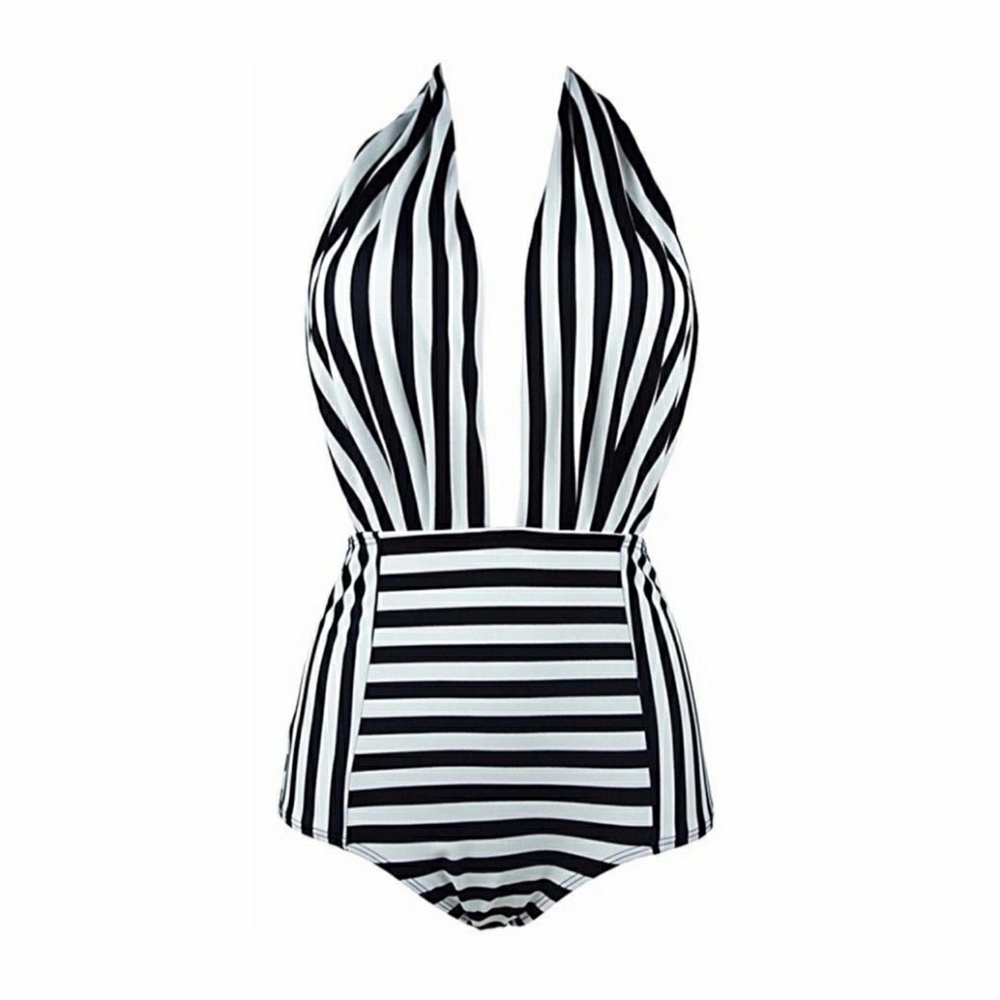 High waisted black & white stripe swim suit 2xHP👙